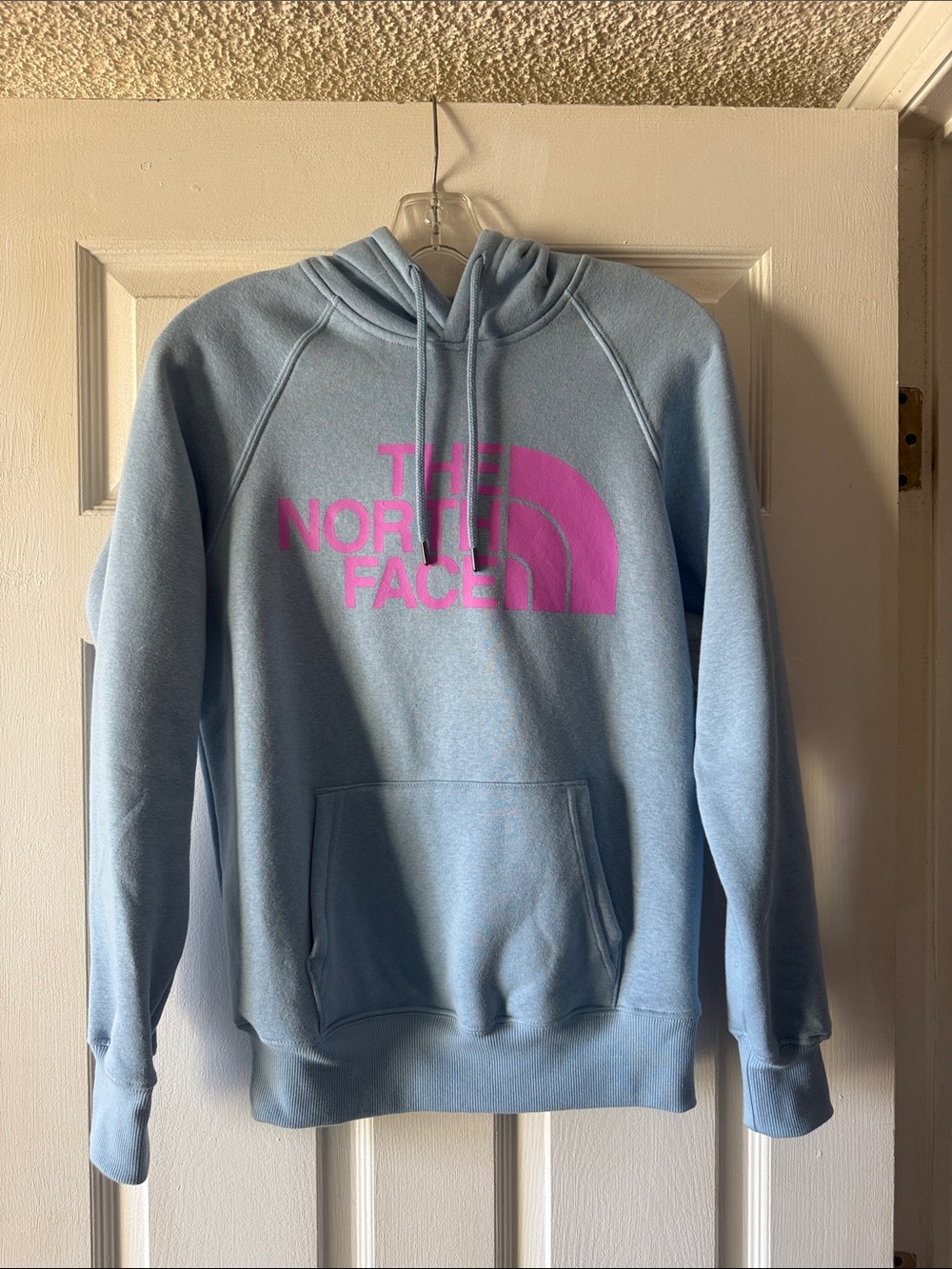 The North Face Light Blue Hoodie with Pink Logo